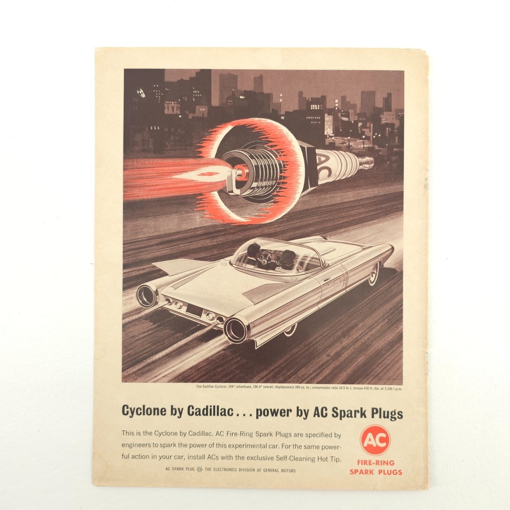 Cadillac Cyclone Vintage Print Ad AC Spark Plugs Promo Art 1960s GM Futuristic